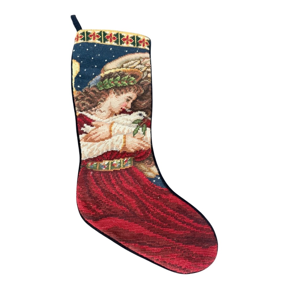 Vintage Needlepoint Christmas Stocking Angel with Dove Red Velvet Back 20 inch